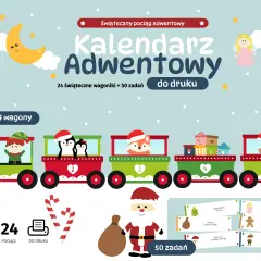 Świąteczny pociąg adwentowy z 24 wagonikami i 50 zadaniami. Wesołe zwierzątka i elfy podróżują w kolorowych wagonach.