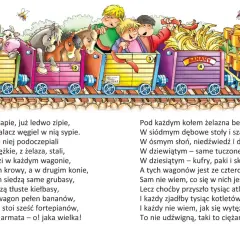 Pociąg z wierszy Juliana Tuwima: krowy, konie, banany, fortepiany i słonie w wagonach.