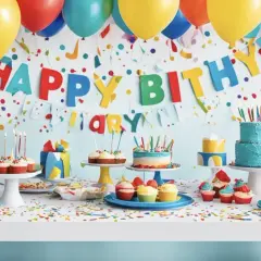 Kolorowe dekoracje urodzinowe dla dzieci: balony, torty, babeczki i konfetti tworzą radosną atmosferę.