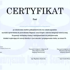 Certyfikat potwierdzający kwalifikacje do prowadzenia diagnozy i terapii z zakresu integracji sensorycznej. Dowiedz się, jak zostać terapeutą integracji sensorycznej.