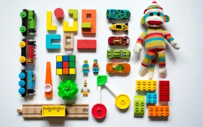 Kolorowe zabawki sensoryczne dla 2 latka: pociągi, samochody, klocki, kostka Rubika, figurki i pluszowa małpka.