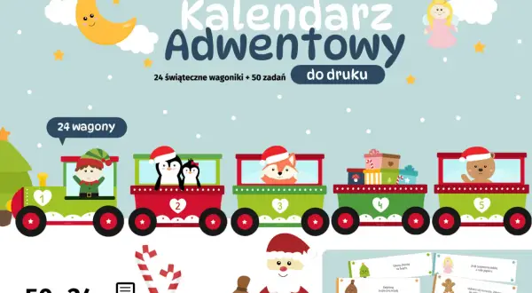 Świąteczny pociąg adwentowy z 24 wagonikami i 50 zadaniami. Wesołe zwierzątka i elfy podróżują w kolorowych wagonach.