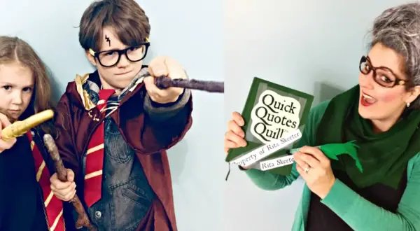 Dzieci w strojach Harry'ego Pottera i kobieta jako Rita Skeeter z książką "Quick Quotes Quill".