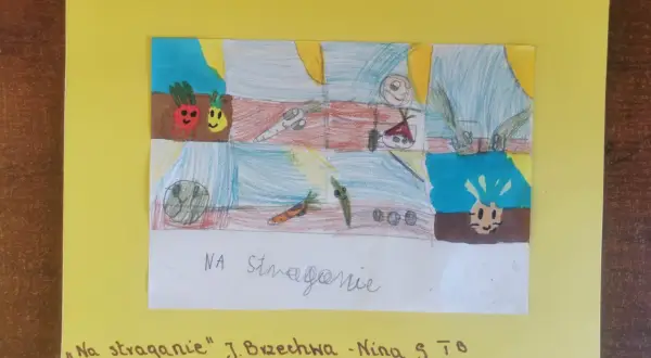 Dzieci namalowały warzywa na straganie, inspirowane wierszem Jana Brzechwy.