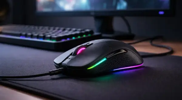 Czarna myszka dla dzieci z kolorowym podświetleniem RGB, gotowa do gry na podkładce obok podświetlanej klawiatury.