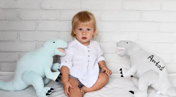 Małe dziecko siedzi między dwoma pluszowymi dinozaurami. Jasnoniebieski dinozaur po lewej i szary dinozaur z imieniem "Antoś" po prawej. Te przytulanki dla dzieci wyglądają na miękkie i zapraszające.