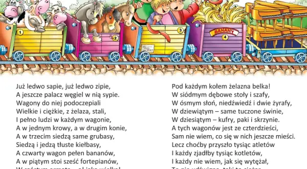 Pociąg z wierszy Juliana Tuwima: krowy, konie, banany, fortepiany i słonie w wagonach.