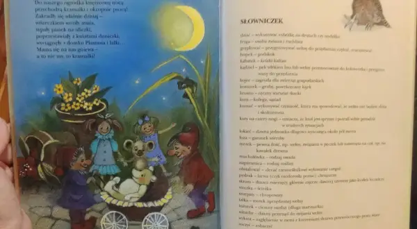 Ilustracja do wierszy Marii Konopnickiej: krasnoludki bawią się z misiem w wózku, nocą, przy blasku księżyca.