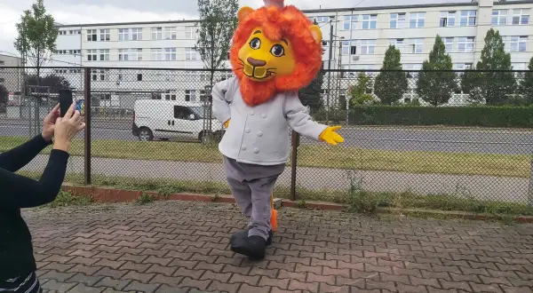 Uśmiechnięty strój lwa dla dziecka, w stroju kucharza, pozuje do zdjęcia na tle budynku.