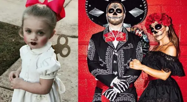 Pomysły na przebranie na Halloween: urocza dziewczynka jako nakręcana lalka i para w strojach Día de Muertos.