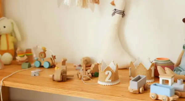 Drewniane zabawki, w tym pociągi i korony z cyframi, tworzą uroczy little dutch kulodrom.